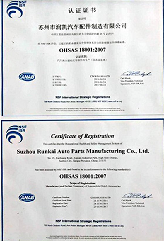 润凯汽车配件OHSAS 18001证书